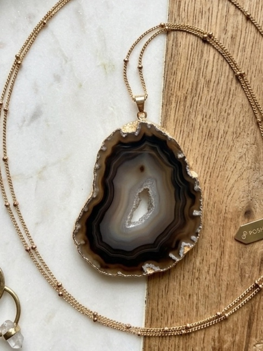 Agate Geode Slice Long Pendant Necklace Gold Tone